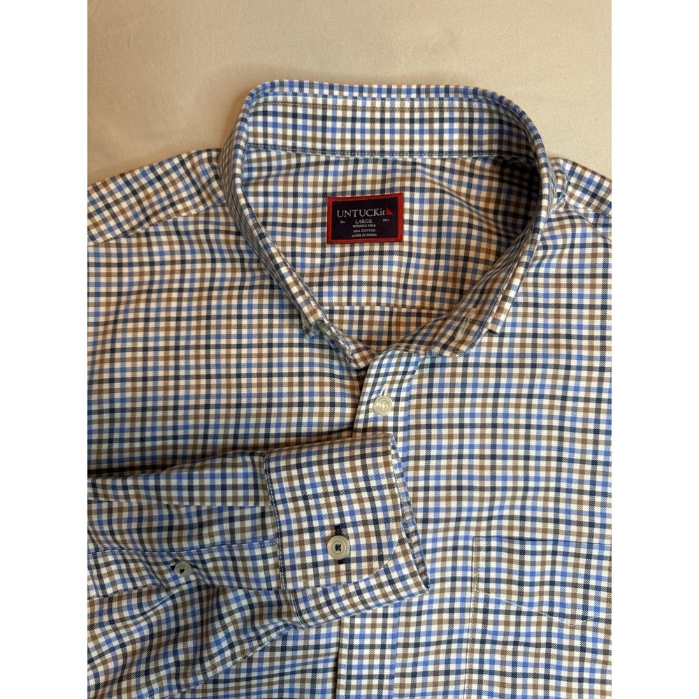 UNTUCKit Wrinkle Free Cotton Check Dress Shirt Blue/Brown/White L